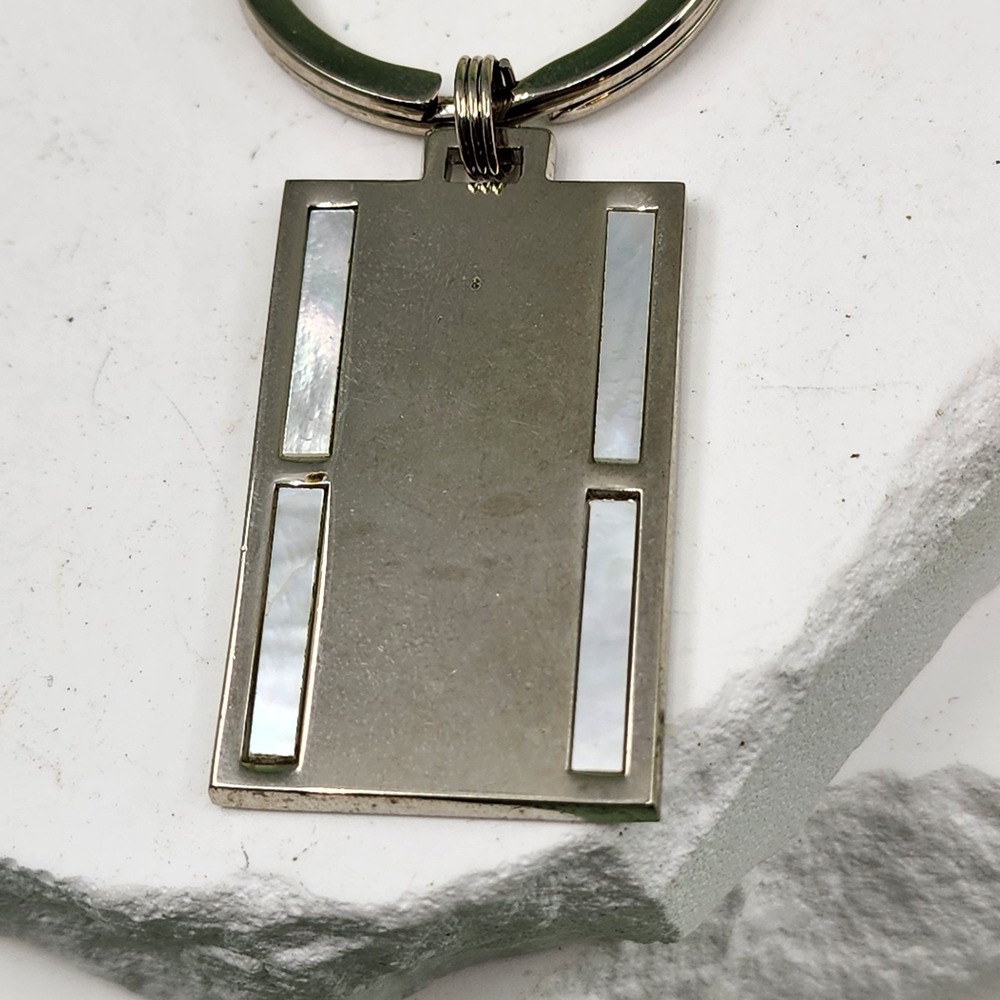 Iridescent Shell Inlay Silver Tone Rectangular Keychain Geometric Modernist Tag